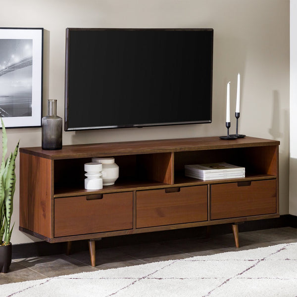 English Elm Walker Edison - Mid-Century Solid Wood 3-Drawer 58" TV Stand with Cord Management, Open Cubbies & Angled Legs Walnut 69 L x 19 W x 6 H B185P169381