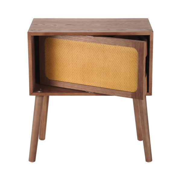 English Elm Rotating Rattan Nightstand Push Open Hidden Storage Mid Century Wood Leg Bedside Walnut N761P288451N