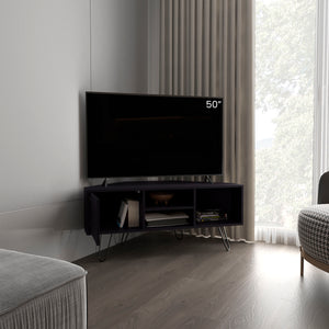 English Elm Lancaster Corner TV Stand with Two Shelves & Two Cabinets, Black MDF, Cable Management, Space-Saving Design B200P335349