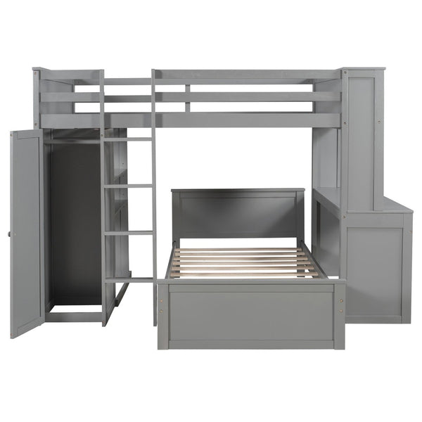 English Elm Full Twin Loft Bed with Desk Wardrobe Shelves Pine Wood Frame Kids Bedroom Gray LT000821AAE-1