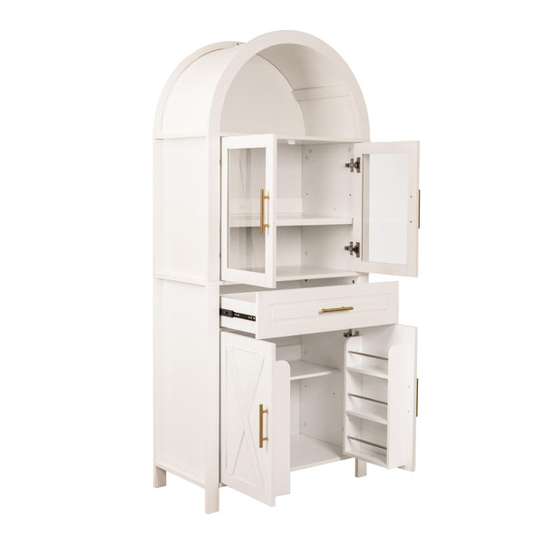 English Elm 71" Tall Arched Pantry Cabinet with Tempered Glass Door, Adjustable Shelves, Anti-Tip Kit & Metal Handles White W2917P384735