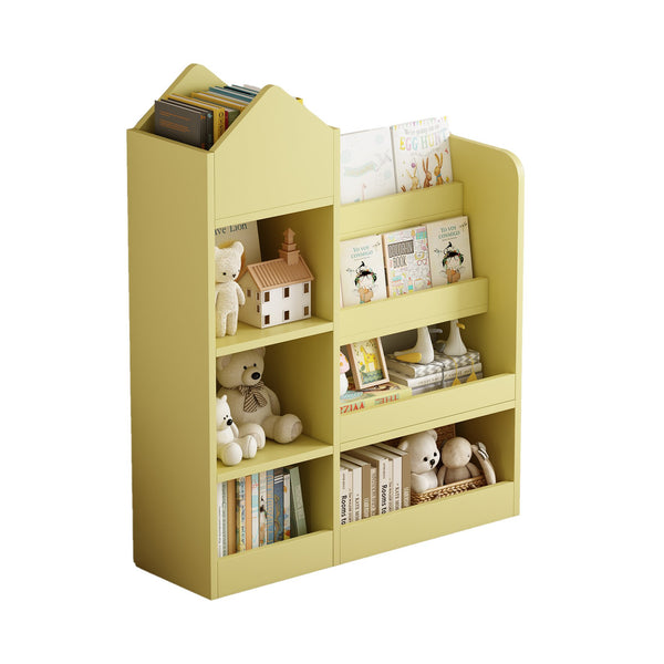 English Elm Yellow Kids Wooden Bookshelf Organizer with 6 Compartments, 2 Removable Bins, Sturdy MDF, Playroom Storage W2876P233555