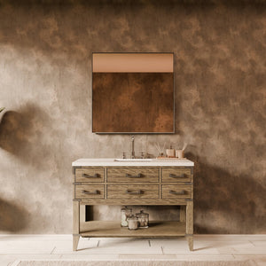 English Elm Grey Oak Single Bath Vanity Set With White Quartz Top, Chrome Faucet & 46” Mirror - Modern Elegance B2731S02112