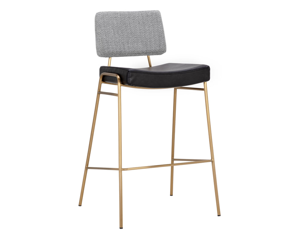 Sunpan Brinley Modern Barstool with Gold Stainless Steel Legs and Chic Black Faux Leather & Grey Fabric Seat Bar Height