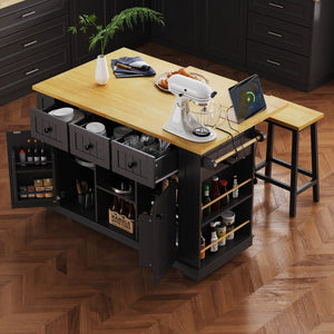 English Elm K&k 53 Inch Rolling Kitchen Island with Drop Leaf Power Outlet and Open Storage Racks Black N707S185531B