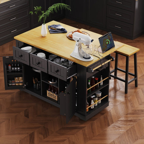 English Elm K&k 53 Inch Kitchen Island Set with Bar Stools Power Outlet Drop Leaf and Storage Black N707S003007B