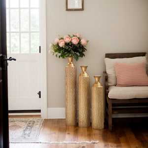 English Elm Metal Decorative Vases Set Of 3 - Antique Gold Finish With Etched Vine Patterns For Elegant Décor W2796P192834