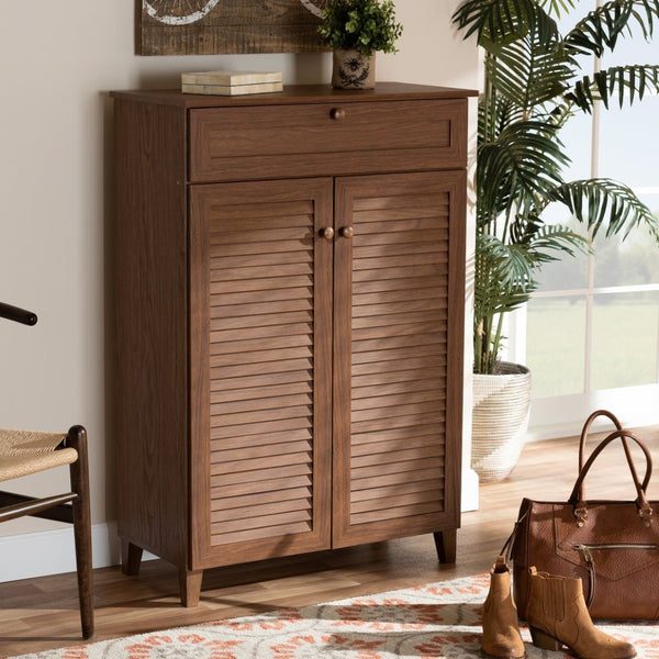 Baxton Studio Baxton Studio Coolidge Contemporary Walnut Shoe Cabinet with Drawer for Organized Entryway Storage 5-Shelf FP-03LV-Walnut