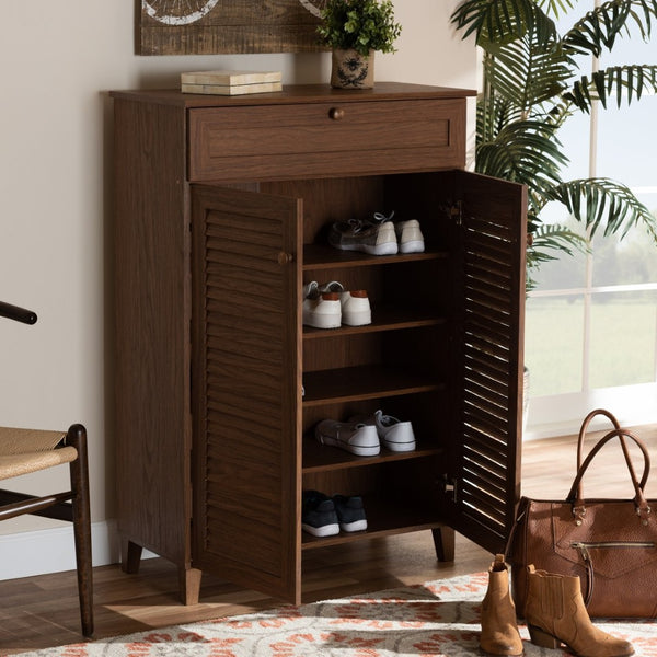 Baxton Studio Baxton Studio Coolidge Contemporary Walnut Shoe Cabinet with Drawer for Organized Entryway Storage 5-Shelf FP-03LV-Walnut