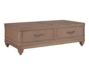 Lexington Barclay Butera Lisbon Faux Leather Cocktail Table With Storage Drawers And Decorative Pewter Nailhead Trim Buff  938-949