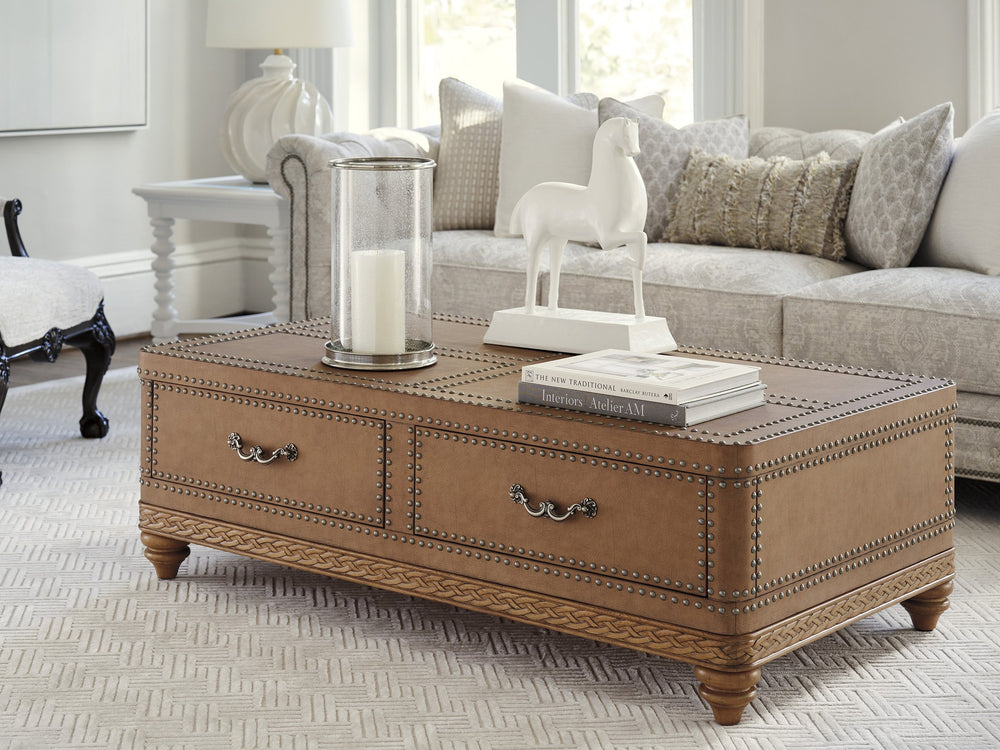 Lexington Barclay Butera Lisbon Faux Leather Cocktail Table With Storage Drawers And Decorative Pewter Nailhead Trim Buff  938-949