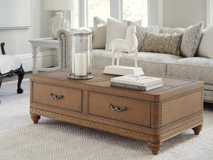 Lexington Barclay Butera Lisbon Faux Leather Cocktail Table With Storage Drawers And Decorative Pewter Nailhead Trim Buff  938-949
