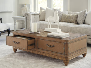 Lexington Barclay Butera Lisbon Faux Leather Cocktail Table With Storage Drawers And Decorative Pewter Nailhead Trim Buff  938-949