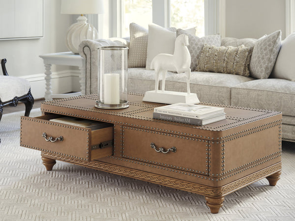 Lexington Barclay Butera Lisbon Faux Leather Cocktail Table With Storage Drawers And Decorative Pewter Nailhead Trim Buff  938-949