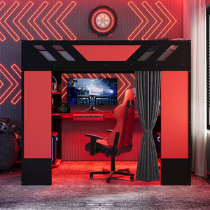English Elm Full Size Loft Bed with Desk Blackout Curtains Rgb Lighting and Integrated Storage Black+Red LT000377AAJ