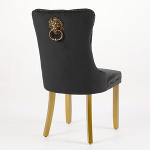 English Elm Mid-Century Velvet Dining Chair with Lion Head Pull Ring, Tufted Solid Wood Seat, Gold Legs Black W1143P193168