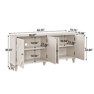 English Elm 65.2" Mid Century Sideboard Buffet with Fluted Geometric Doors, Spacious Adjustable Shelves & Brass Accents Antique White W1801P346230