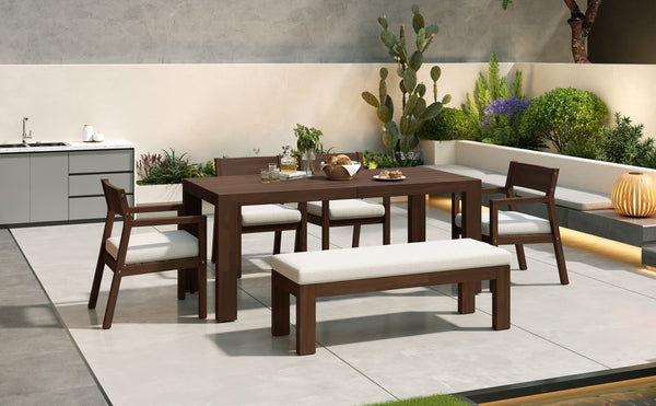 English Elm Trexm Outdoor Acacia Wood Dining Set Seats Six with Umbrella Hole and Cushioned Bench Beige,Mocha TM000028AAP
