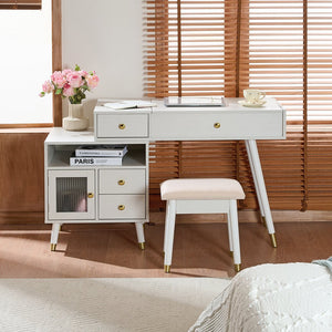 English Elm 3-in-1 Vanity Desk with LED Flip Mirror, Compact Makeup/Dressing Table with Storage Drawers & Stool White N844P291656A