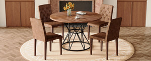 English Elm Table and Chair Set Walnut Round Dining for Four with Tufted Suede Seats W1151S04853