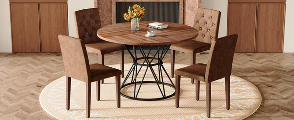 English Elm Table and Chair Set Walnut Round Dining for Four with Tufted Suede Seats W1151S04853