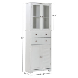 English Elm 67" Tall Pantry Cabinet with Glass Doors & Drawer, 67" White MDF Tall Kitchen Storage Cupboard W3417P321849