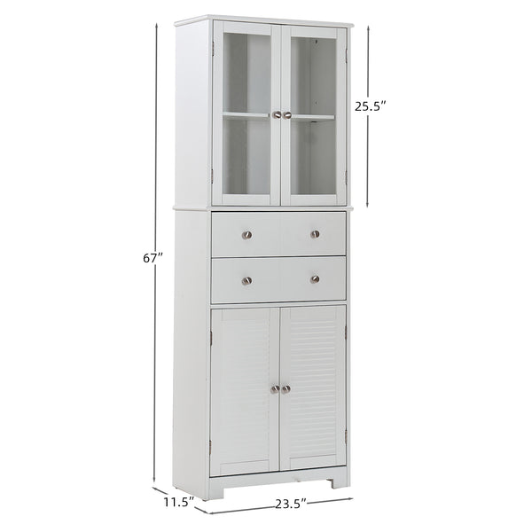 English Elm 67" Tall Pantry Cabinet with Glass Doors & Drawer, 67" White MDF Tall Kitchen Storage Cupboard W3417P321849