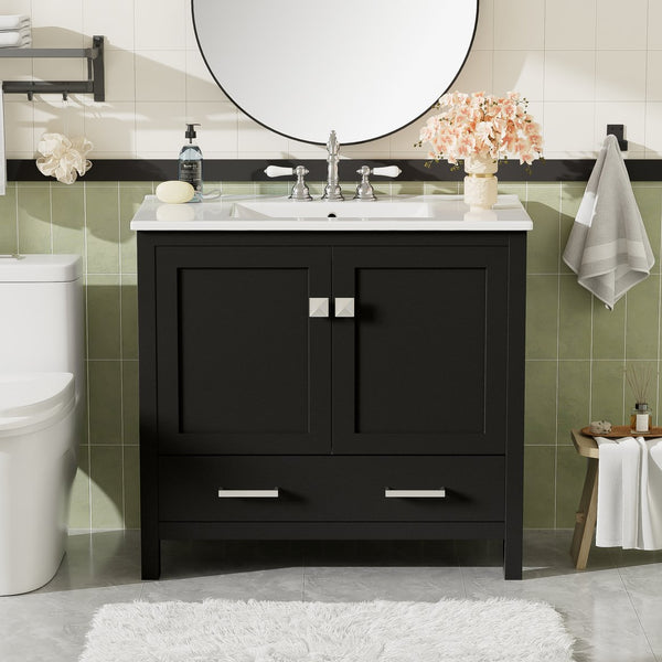English Elm 36" Black Bathroom Vanity with Ceramic Sink, Soft-Close Doors, Divided Drawer & Double Shelves — Modern Storage Solution for Small to Medium Baths N729P276609B