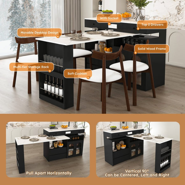 English Elm Kitchen Island Dining Set Marble Veneer Rotating Top Solid Wood Chairs Retro Modern White W2700S00121