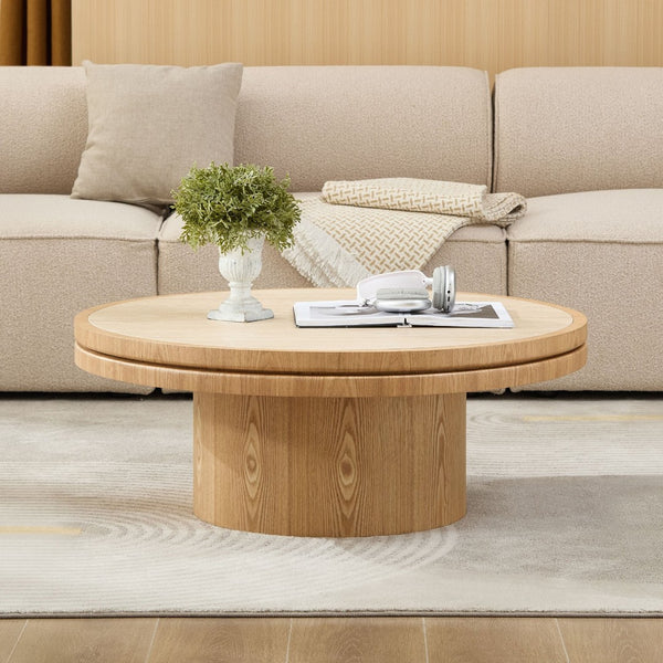 English Elm 35.43 Inch Round Sintered Stone Coffee Table with Mdf Pedestal Base for Modern Living W876S00342