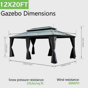 English Elm 12'x20' Hardtop Gazebo Dual Roof Alloy Frame Permanent Patio Pavilion with Gutters W1859S00188