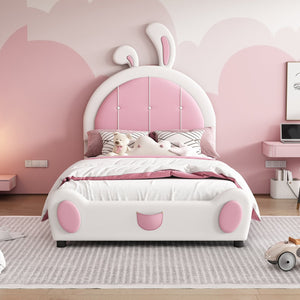 English Elm Twin Upholstered Platform Bed with Ribbit Headboard, White Pink Ears, Low-Profile Modern Frame, Cute WF323763AAK