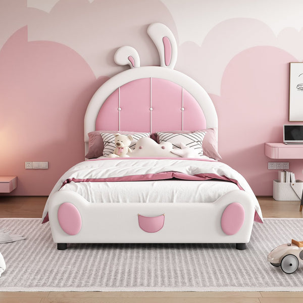 English Elm Twin Upholstered Platform Bed with Ribbit Headboard, White Pink Ears, Low-Profile Modern Frame, Cute WF323763AAK