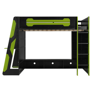 English Elm Full Size Wood Loft Bed with Rgb Lighting Desk Storage and Gaming Console Shelf Green LT000260AAG