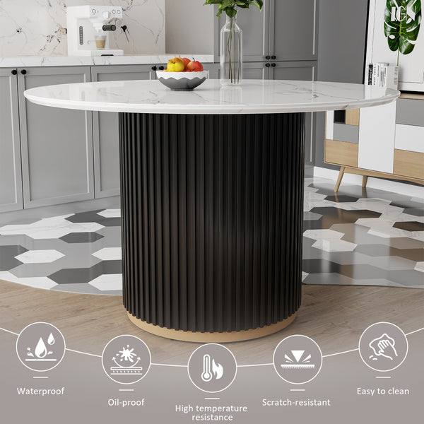 English Elm Modern Round Faux Marble Dining Table Set Seats Four Chenille Chairs Gold Accent W5739S00005