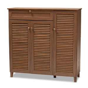 Baxton Studio Baxton Studio Coolidge Mid-Century Modern 11-Shelf Walnut Shoe Storage Cabinet with Drawer & Style FP-05LV-Walnut