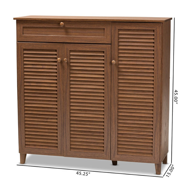 Baxton Studio Baxton Studio Coolidge Mid-Century Modern 11-Shelf Walnut Shoe Storage Cabinet with Drawer & Style FP-05LV-Walnut