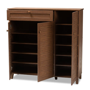 Baxton Studio Baxton Studio Coolidge Mid-Century Modern 11-Shelf Walnut Shoe Storage Cabinet with Drawer & Style FP-05LV-Walnut