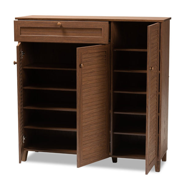 Baxton Studio Baxton Studio Coolidge Mid-Century Modern 11-Shelf Walnut Shoe Storage Cabinet with Drawer & Style FP-05LV-Walnut