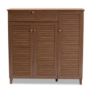 Baxton Studio Baxton Studio Coolidge Mid-Century Modern 11-Shelf Walnut Shoe Storage Cabinet with Drawer & Style FP-05LV-Walnut