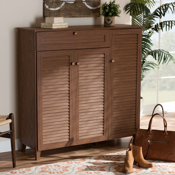 Baxton Studio Baxton Studio Coolidge Mid-Century Modern 11-Shelf Walnut Shoe Storage Cabinet with Drawer & Style FP-05LV-Walnut