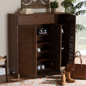 Baxton Studio Baxton Studio Coolidge Mid-Century Modern 11-Shelf Walnut Shoe Storage Cabinet with Drawer & Style FP-05LV-Walnut