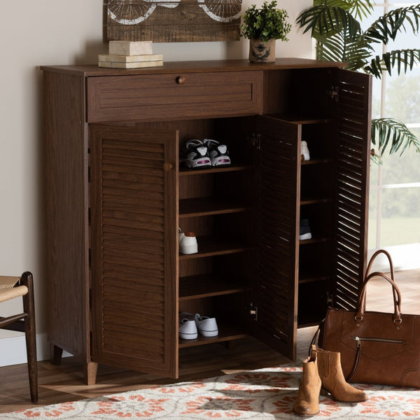 Baxton Studio Baxton Studio Coolidge Mid-Century Modern 11-Shelf Walnut Shoe Storage Cabinet with Drawer & Style FP-05LV-Walnut