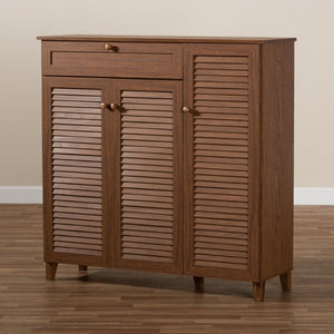 Baxton Studio Baxton Studio Coolidge Mid-Century Modern 11-Shelf Walnut Shoe Storage Cabinet with Drawer & Style FP-05LV-Walnut