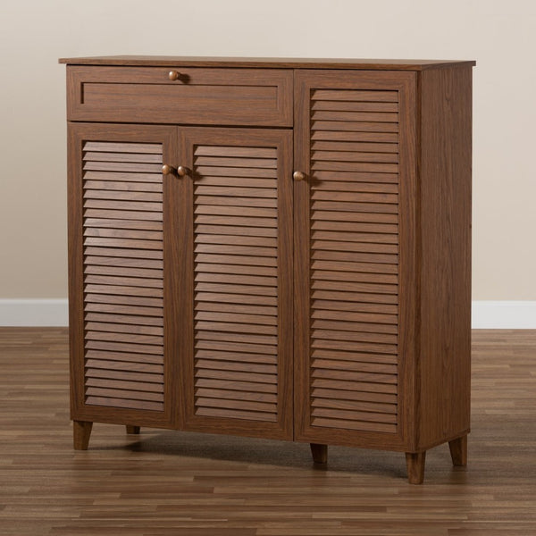 Baxton Studio Baxton Studio Coolidge Mid-Century Modern 11-Shelf Walnut Shoe Storage Cabinet with Drawer & Style FP-05LV-Walnut