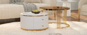 English Elm Modern Round Nesting Coffee Table Set with Gold Pedestal Legs and Storage Drawers Brown,White N735P349323D