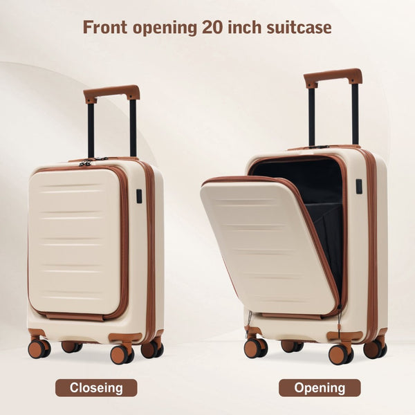 English Elm Luggage 5 Piece Hardside Abs Set with Front Access Carry on and Tsa Spinner Wheels Brown+White N732P391544K