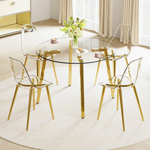 English Elm Table Modern 5-Piece Set: Circular Tempered Glass Dining Table With 4 Transparent Chairs & Gold Legs W1151S02864-GIGA