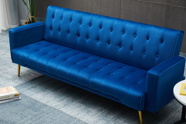 English Elm Sofa Bed Velvet Upholstered Convertible with Gold Metal Legs for Studio Spaces Dark Blue B205P246427