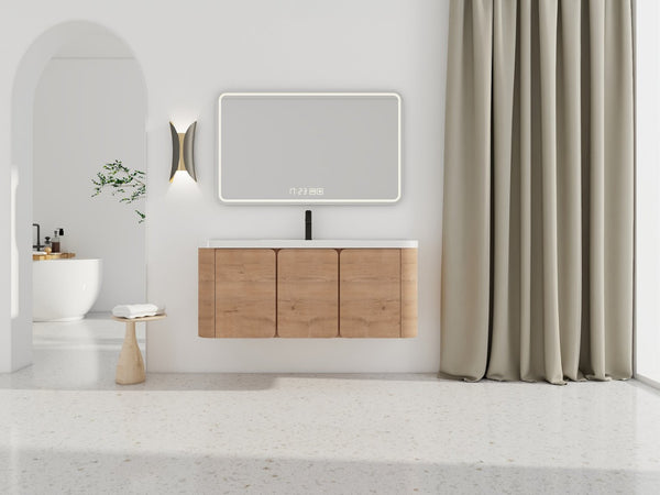 English Elm 48" Floating Bathroom Vanity Dual Ceramic Vessel Sinks Oak Finish Soft Close Doors W999S00507